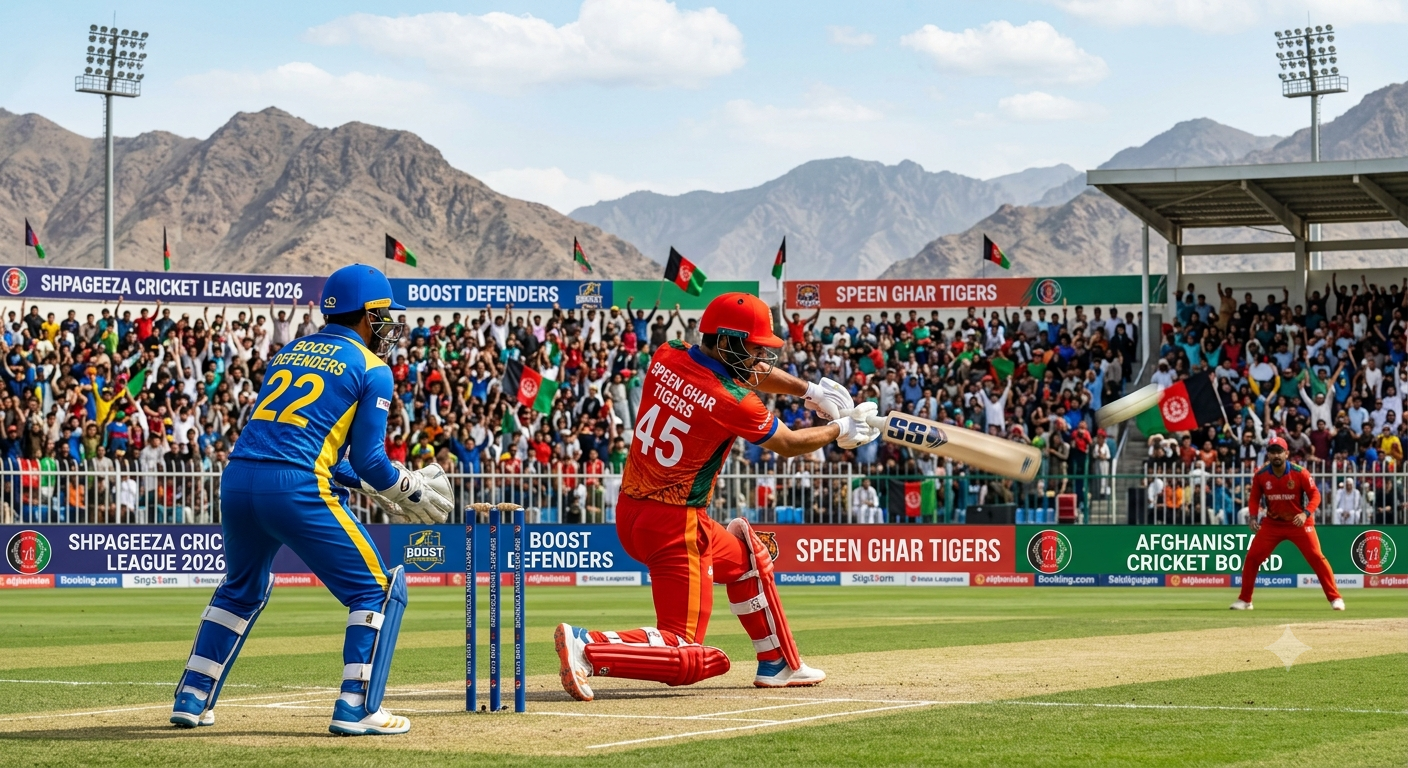 Boost Defenders (Boost Region) vs. Speen Ghar Tigers (Speen Ghar Region) match in the 2026 Shpageeza Cricket League
